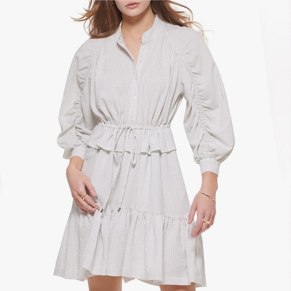 Calvin Klein Women's White Striped Long-Sleeve Buttoned Shirt Dress
